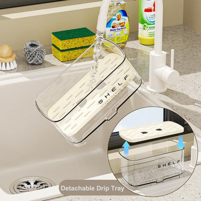 Sponge Holder for Kitchen Sink, Clear Acrylic Sink Organizer with Auto-Draining Tray, Countertop Sink Caddy for Sponges, Soap, Brush & Cleaning Tools