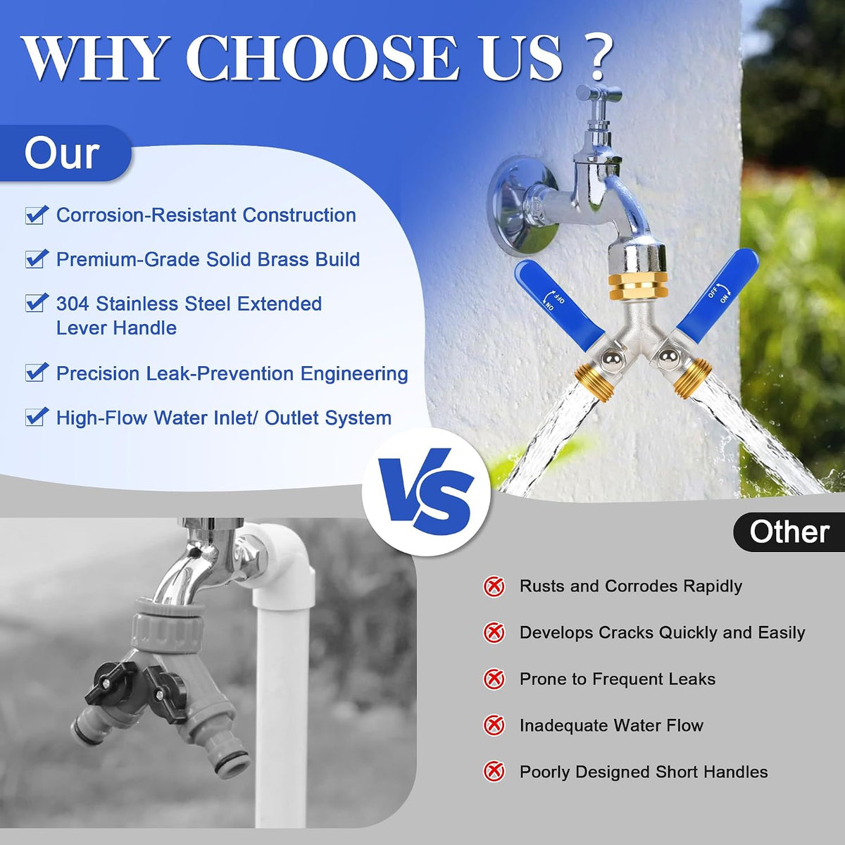 EJW Hose Splitter, 2 Way Hose Splitter, Garden Hose Splitters,Faucet Splitters, Outdoor Faucet Splitter, 2 Way Hose Connector,Brass Splitter, 3/4” GHT Threads.