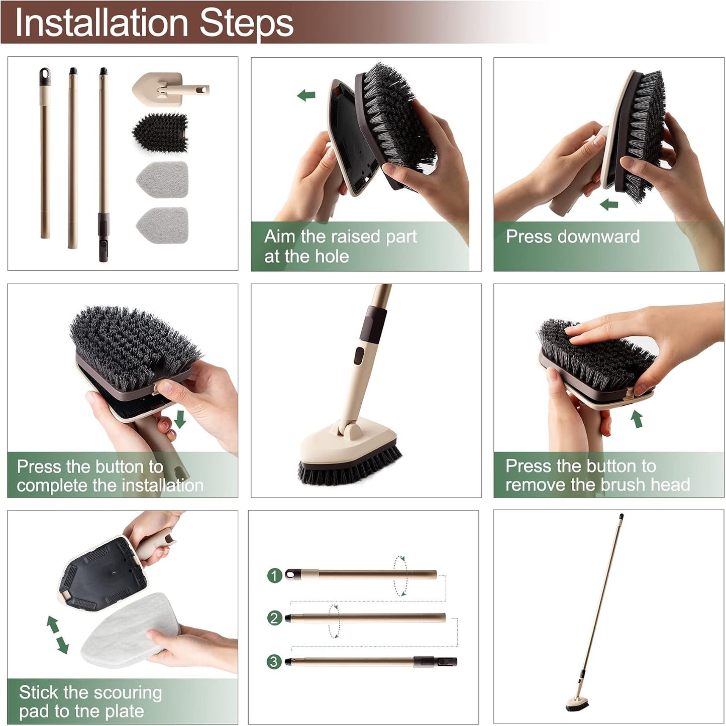 Eyliden Shower Scrubber with Long Handle, 2 Type Head, Tile Tub Scrub Brush | 49" Handle, 2 Different Function Cleaning - 1 Stiff Bristle + 2 Non-Scratch Pads, for Bathroom Grout Sink Glass Kitchen Floor