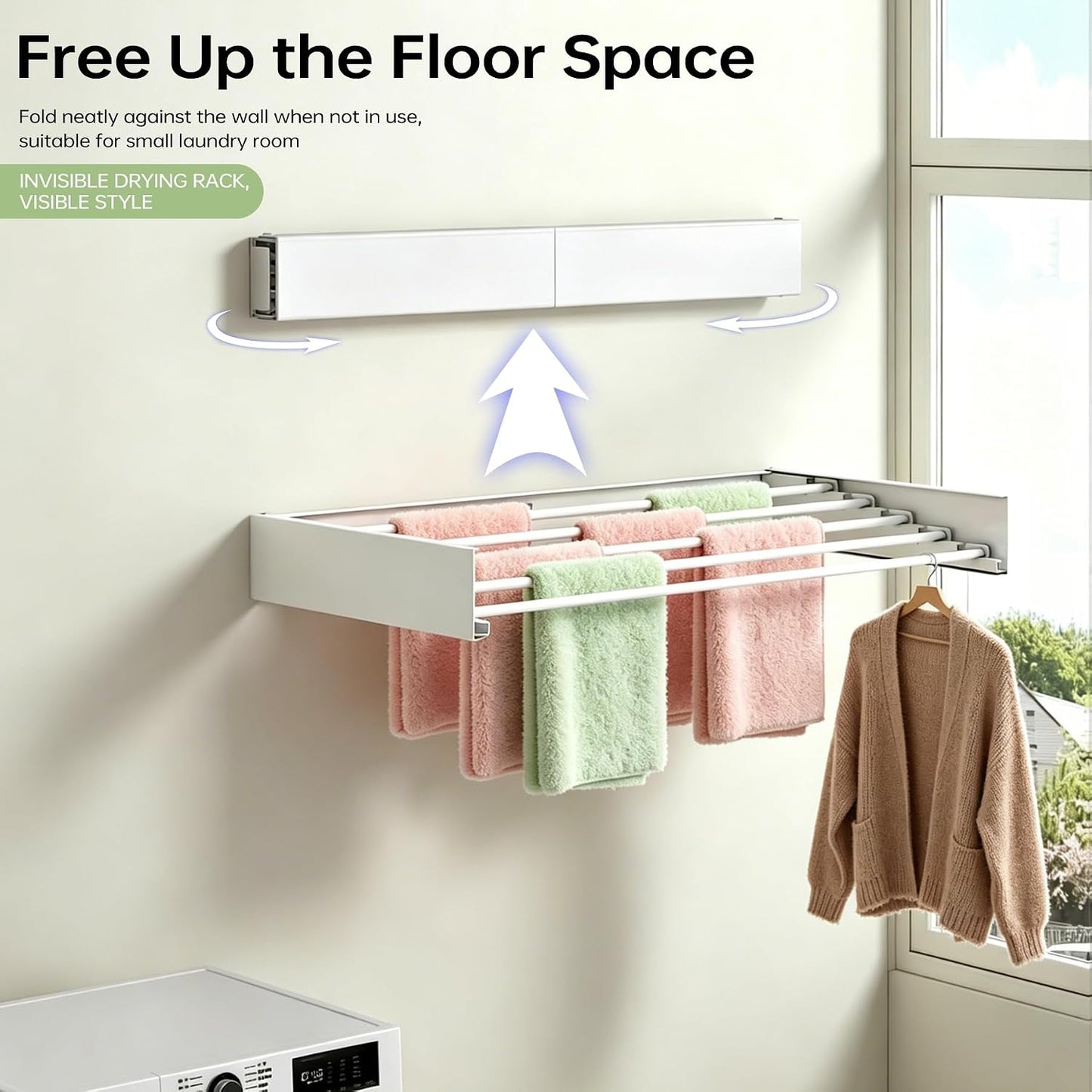 Wall Mounted Foldable Clothes Drying Rack, Collapsible Laundry Drying Clothes Rack, Space Saving Clothing & Towels Retractable Drying Rack with Wall Template Indoor & Outdoor Balcony (White,W23.6'')