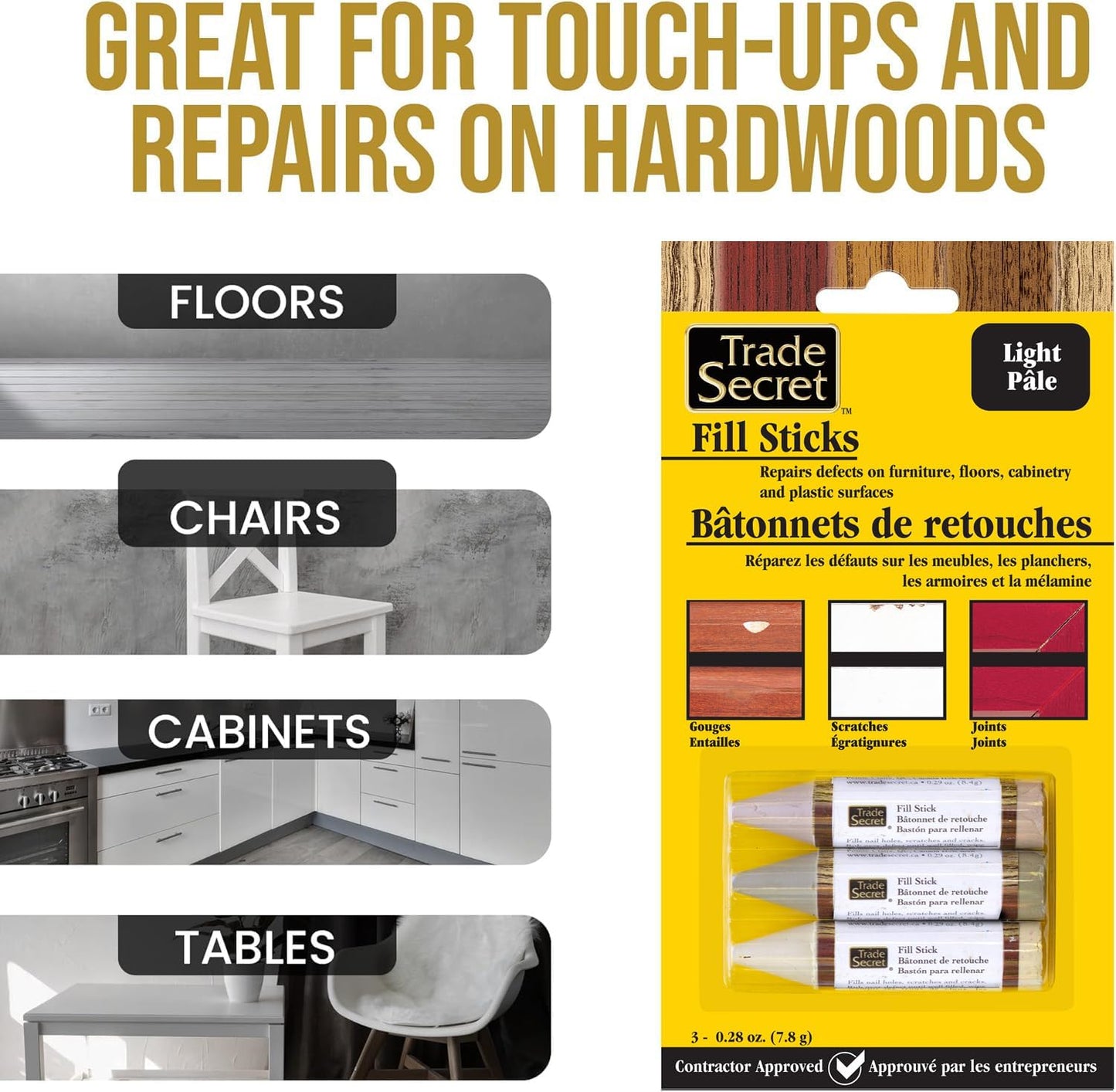 Wood Scratch Repair Fill Stick for Light Surfaces (Set of 3), Great for Touch-Ups and Repairs on Hardwoods Floors, Furniture, Cabinets and Plastic Surfaces.