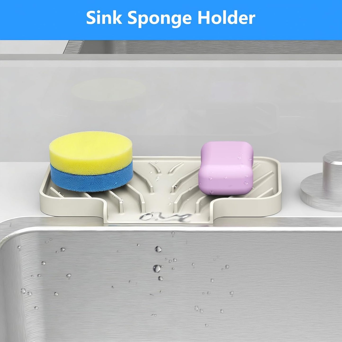 Sponge Holder for Kitchen Sink, Dish Sponge Holder & Soap Tray with Drain, Bathroom Sink Sponge Drying Rack & Perfect Organizer for Dispenser,Bottle,Cup on Sinks or Counter(8"x 4"Gray)