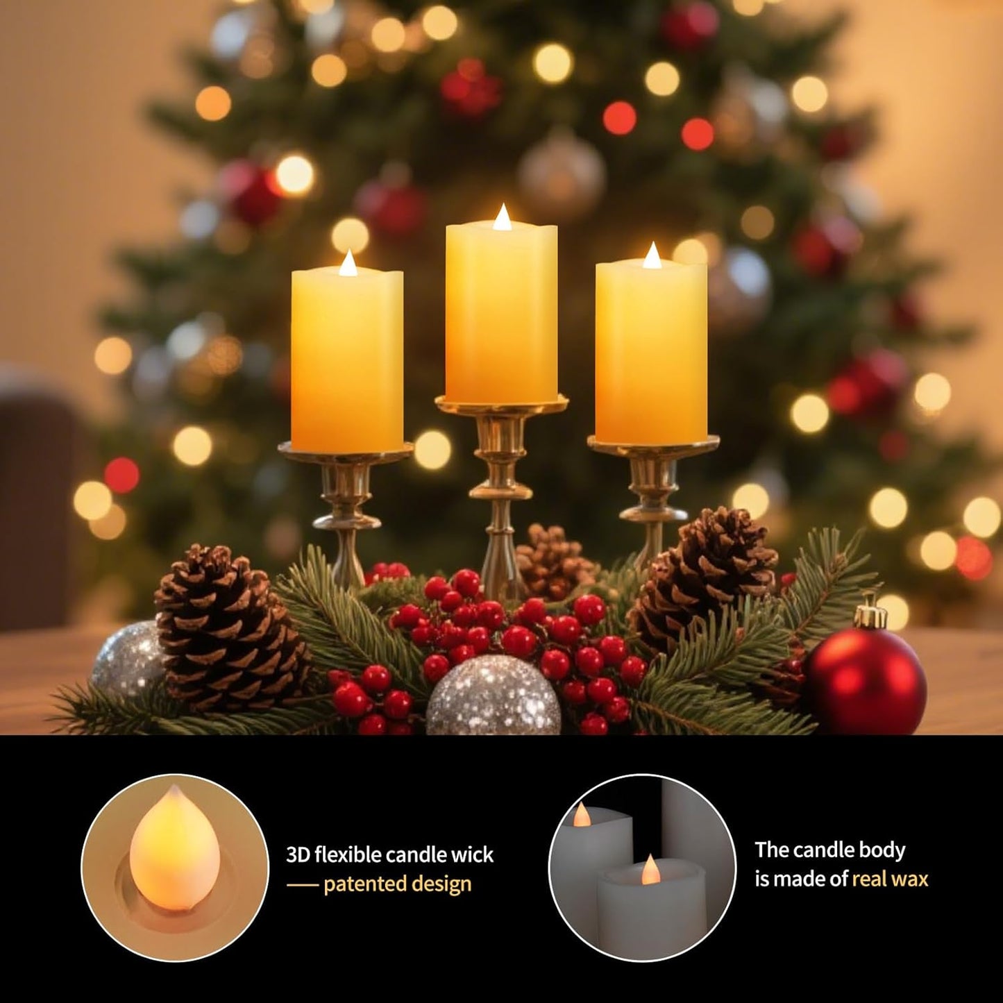 3x3 Flickering Flameless Candles Set of 2, 2AA Battery Life 600 Hours Battery Candles Flickering with Timer,3 inch Flameless Candles with Remote for Indoor/Outdoor, Ivory