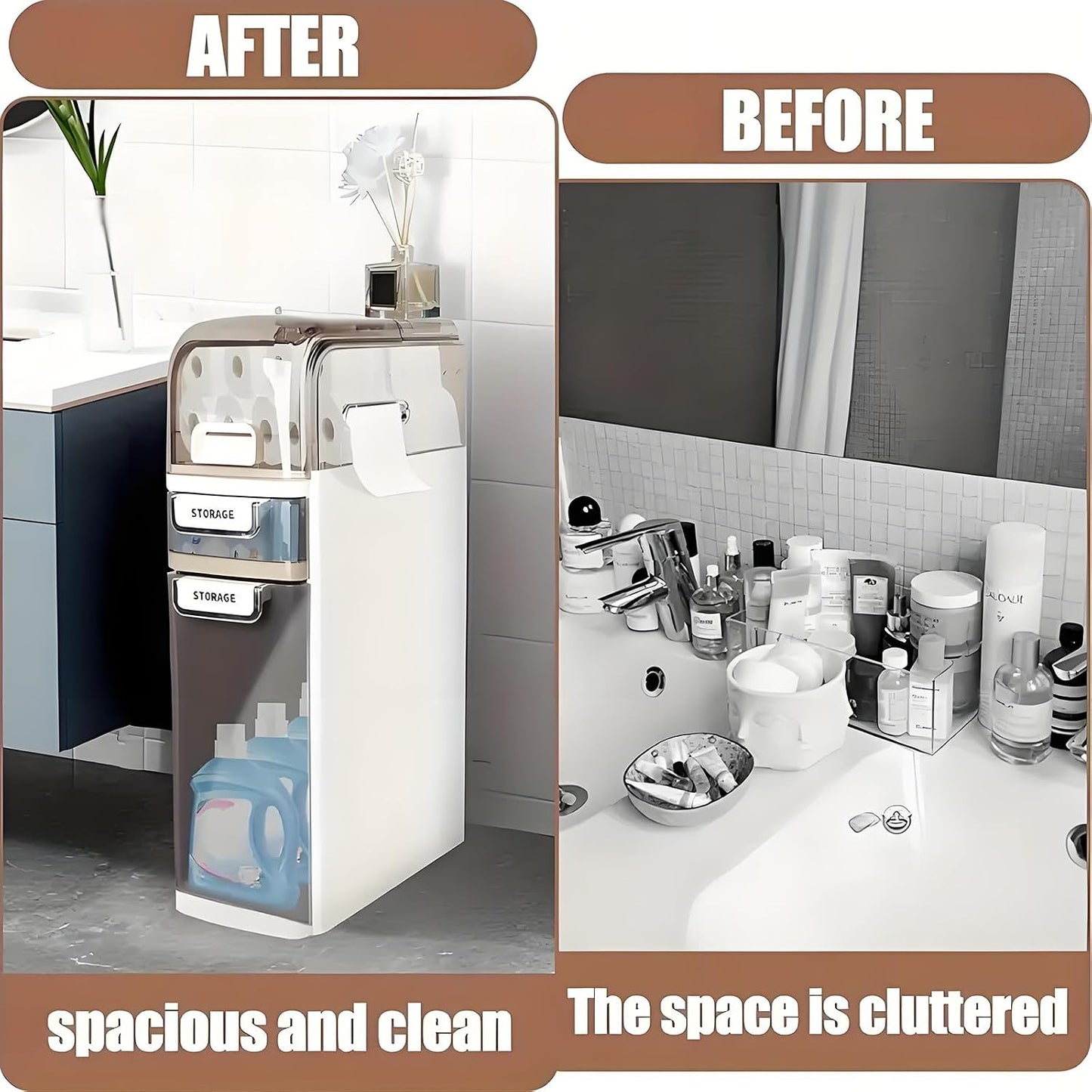 3-Tiers Slim Narrow Bathroom Storage Cabinet with Drawers, Waterproof Skinny Bathroom Storage Floor Cabinet with Tissue Box and Wheels for Small Spaces