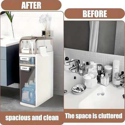 3-Tiers Slim Narrow Bathroom Storage Cabinet with Drawers, Waterproof Skinny Bathroom Storage Floor Cabinet with Tissue Box and Wheels for Small Spaces