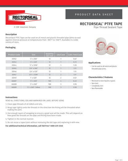 Rectorseal PTFE Tape 35942 Pipe Thread Sealant, Pure PTFE, Plumbing, 1/2x260