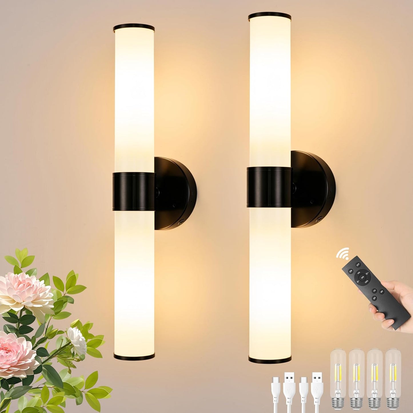 Morauroral Gold Battery Operated Wall Sconces Set of Two, Rechargeable Wall Sconce with Dimmable Remote Control, 20 Inch Wireless Sconce Wall Light for Bedroom, Living Room (Bulbs Included)
