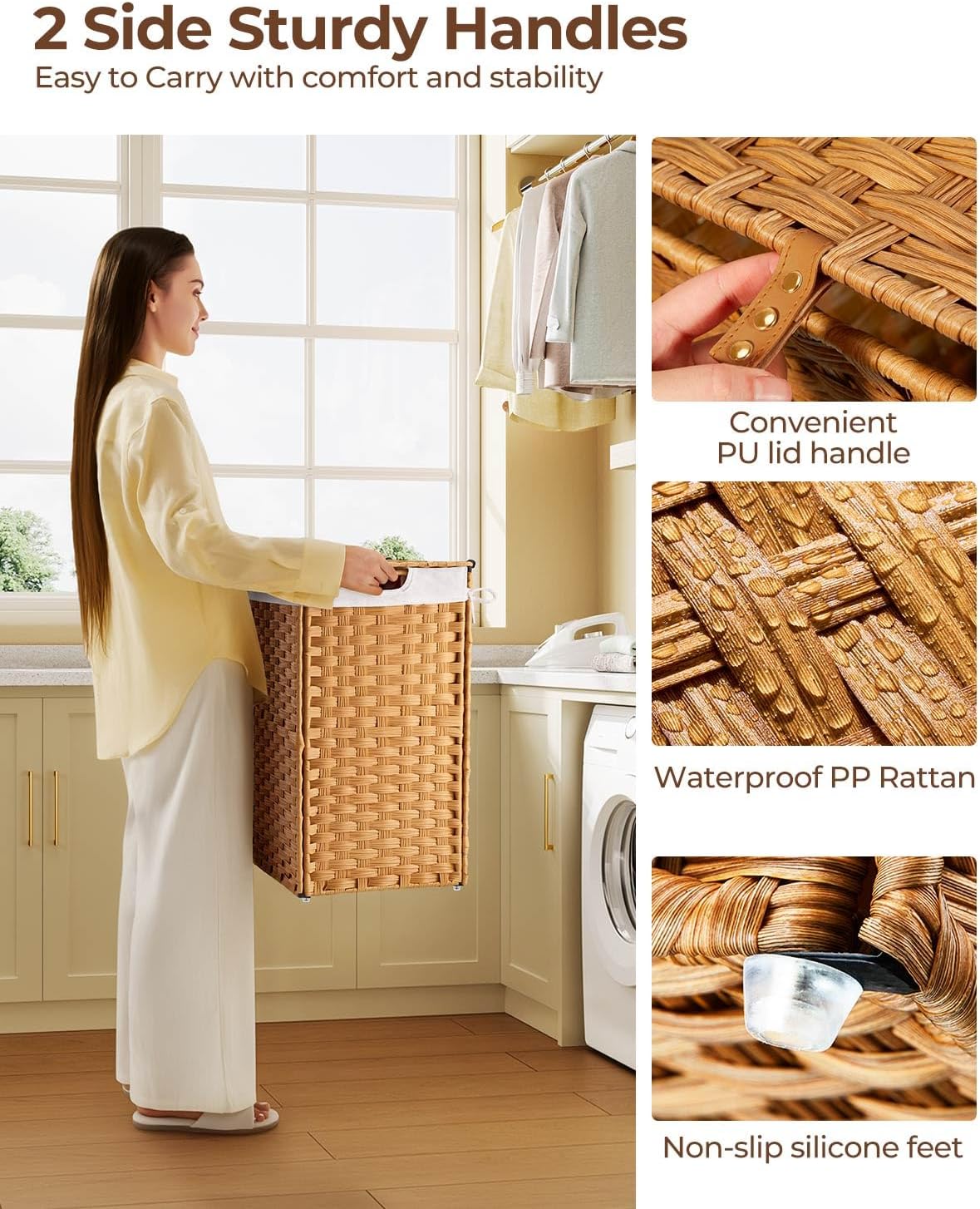 Greenstell Laundry Hamper with 2 Removable Liner Bags, Foldable Divided Clothes Hamper, 90L Handwoven Rattan Laundry Basket with Lid and Handles, No Assembly Needed, 18.3x13.3x24 Inches, Black