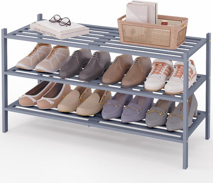 Smiry Bamboo Shoe Rack, 3 Tier Free Standing Wooden Shoe Organizer, Stackable Wood Shoe Storage Shelf for Closet, Entryway, 5 Horizontal Slats, 26.8"x11"x18.3", Natural
