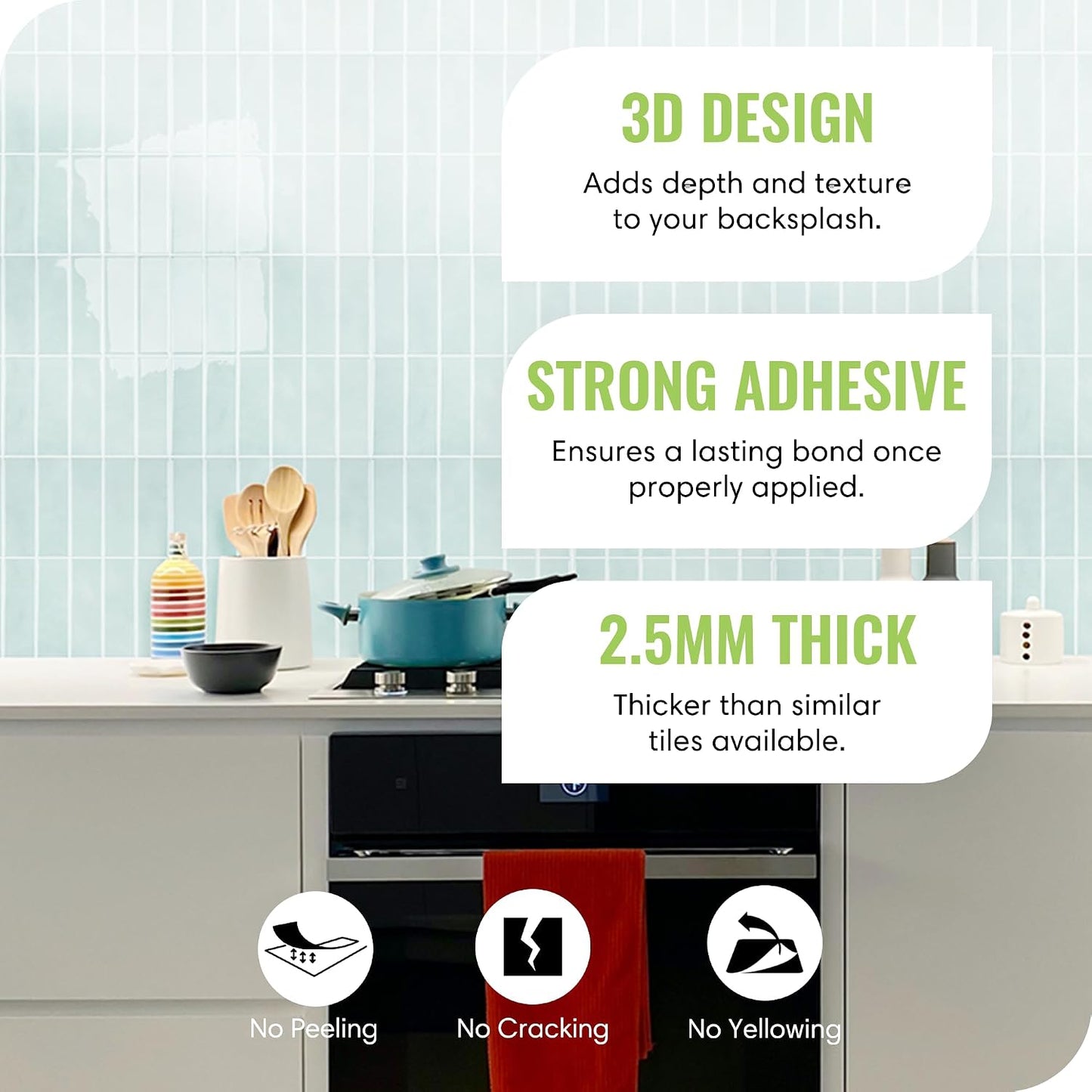 Peel and Stick Subway Backsplash Tiles, 5 Pack, 12 x 12 in, Almond | extra thick 3D wall panels, heat and water resistant wall panels, easy DIY kitchen, bathroom, laundry, fireplace wall décor