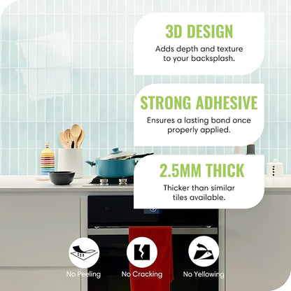 Peel and Stick Subway Backsplash Tiles, 5 Pack, 12 x 12 in, Almond | extra thick 3D wall panels, heat and water resistant wall panels, easy DIY kitchen, bathroom, laundry, fireplace wall décor
