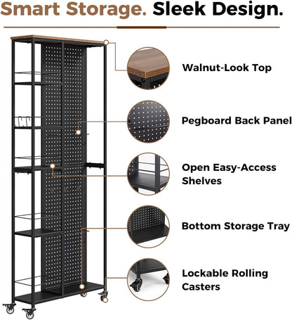 Slim Rolling Storage Cart, 8.3 Inch Narrow Storage Cart with Wheels, Pegboard & 5 Tier Shelves, Mobile Slim Storage Rack Next to Fridge for Kitchen, Laundry, White