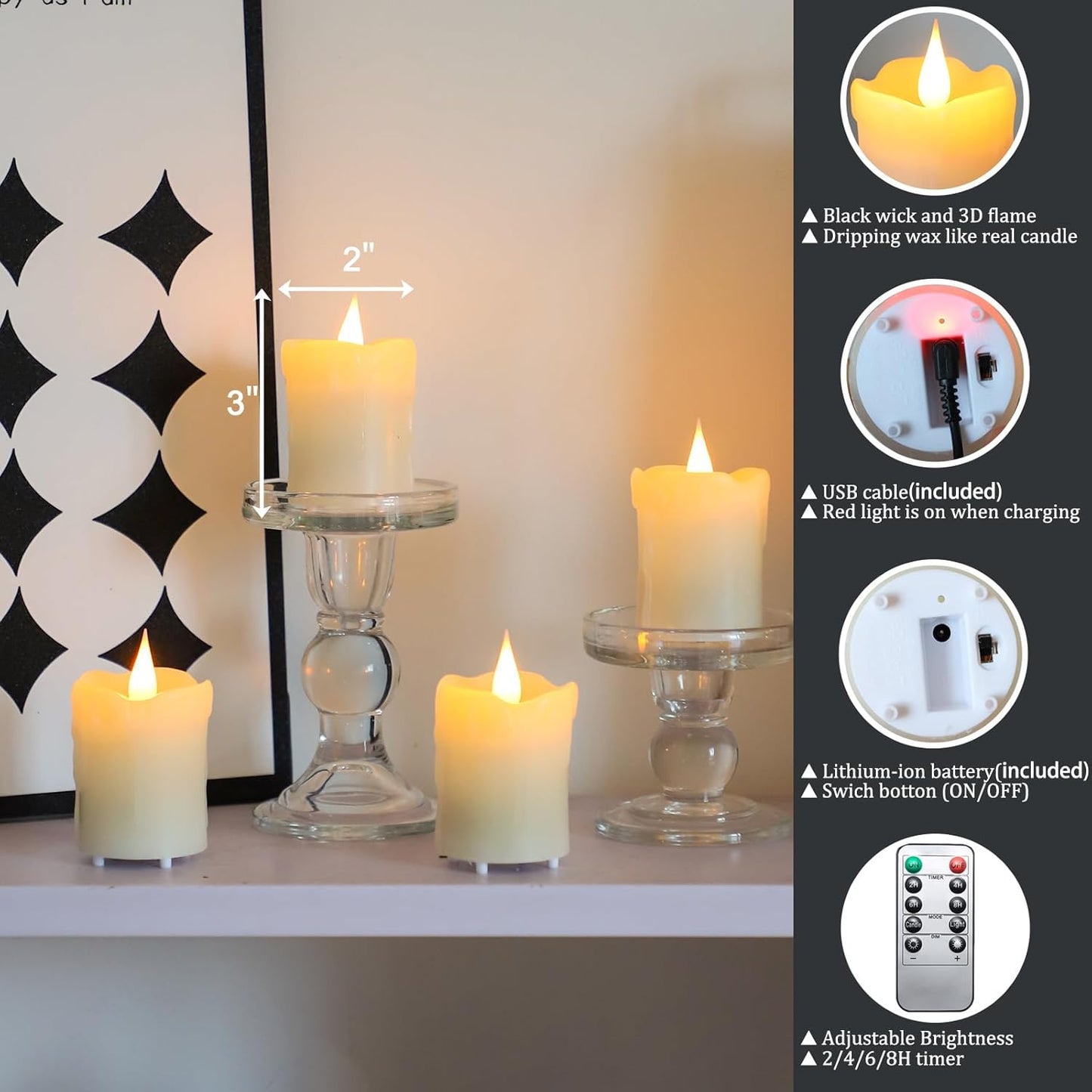 Lezonic Rechargeable Flickering Flameless Candles Battery Operated with Remote and Timer, Pack of 3(D 3'' X H 4''5''6'') Long Lasting Ivory White Real Wax LED USB Pillar Candles