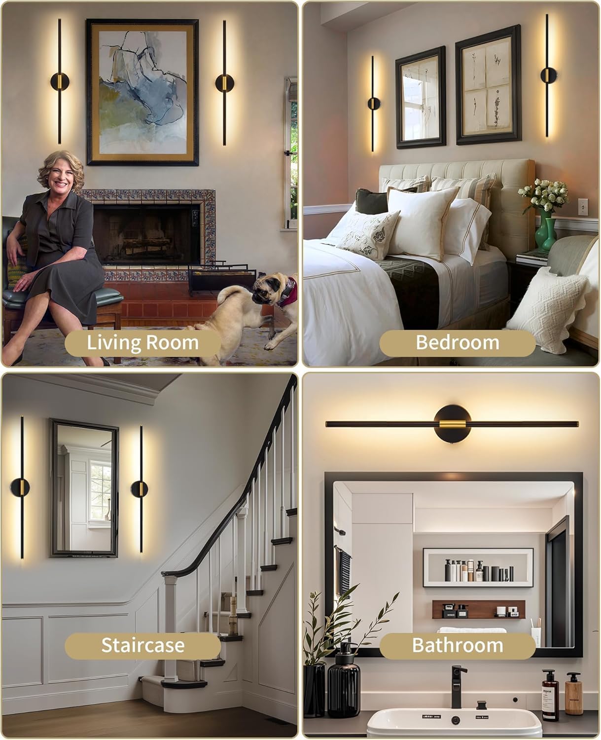 24 Inch Battery Operated Wall Sconce Set of 2, Dimmable Battery Sconces with Remote Control, 8000 mAh Rechargeable Sconces, 350° Rotate Modern LED Lights for Bedroom, Living Room, Black Gold