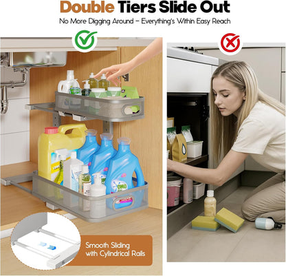 2 Pack Under Sink Organizer With Smooth Cylindrical Rail,2-Tier Pull Out Multi-Purpose Cabinet Storage for Bathroom&Kitchen,Height Adjustable,Rust-resistant Coating-White