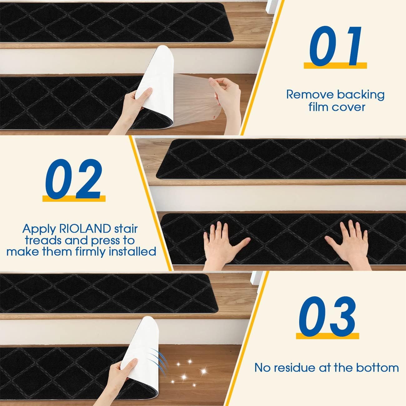 RIOLAND Stair Treads Carpet Non-Slip Indoor 15 PCS Wood Stair Treads Rugs Anti Moving Modern Stair Runners Safety for Kids Dogs, 8" X 30", Diamond Gray