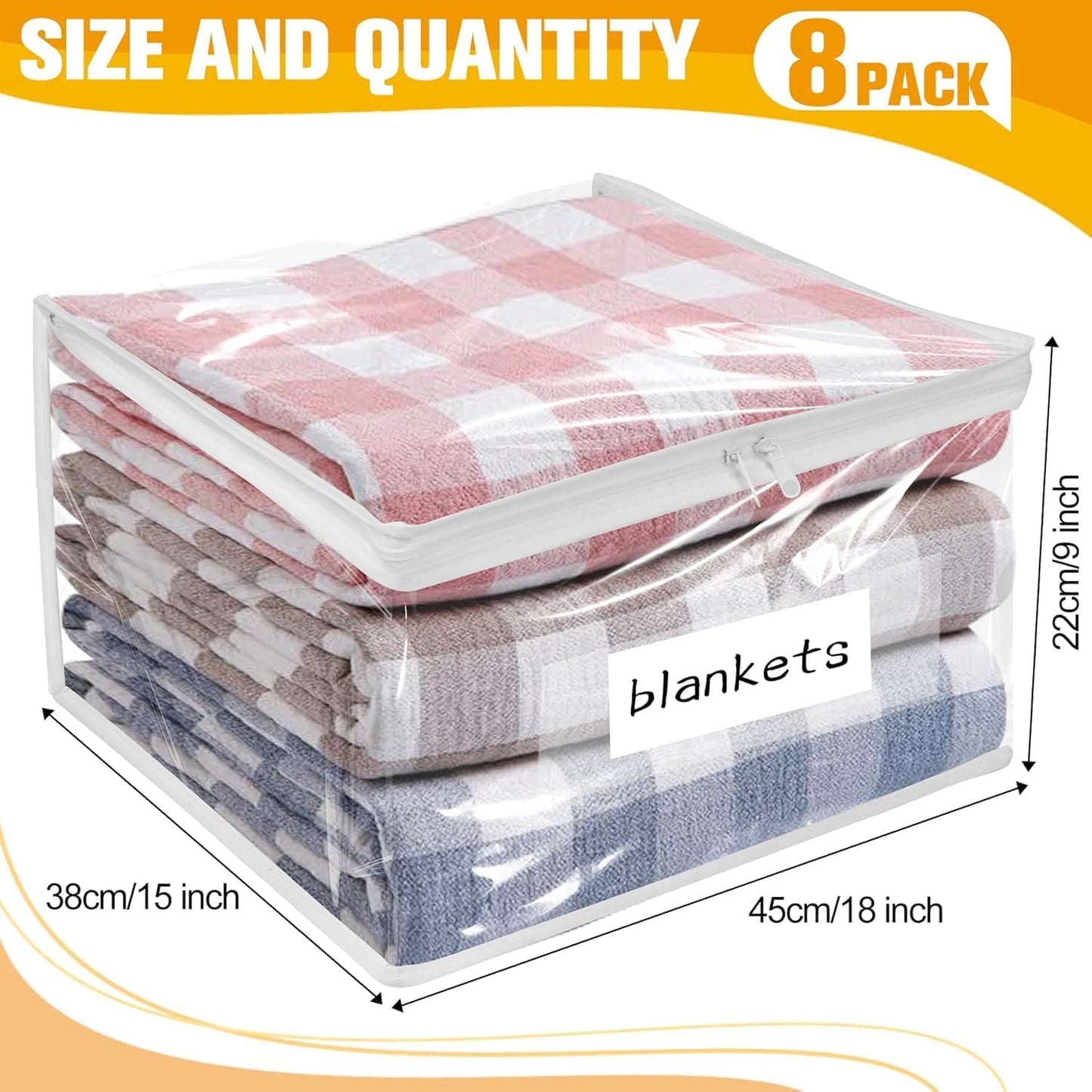 Plastic Storage Bags with Easy-Glide Zipper, Pack of 8, Durable Clear Vinyl Zippered Storage Bags for Clothes Sweaters Comforters Blankets Sheets Bedding (15.7 x 13.8 x 3.9 Inch, White)