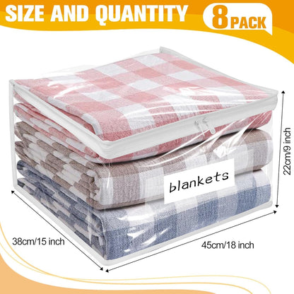 Plastic Storage Bags with Easy-Glide Zipper, Pack of 8, Durable Clear Vinyl Zippered Storage Bags for Clothes Sweaters Comforters Blankets Sheets Bedding (15.7 x 13.8 x 3.9 Inch, White)