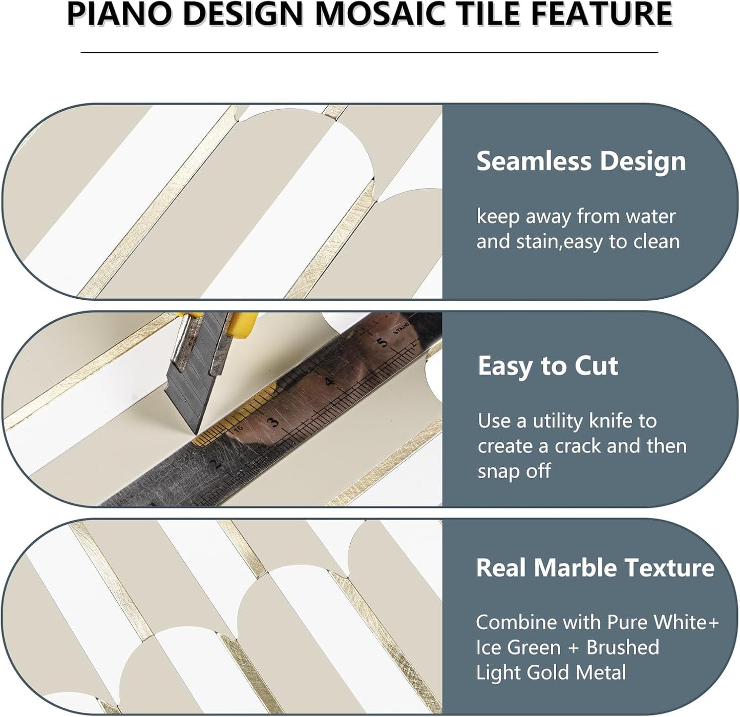 Vamos Peel and Stick Backsplash Seamless Tile for Kitchen and Bathroom,White and Beige Slate PVC Mixed Light Gold Self Adhesive Fish Scale Metal Mosaic Tiles (10 Sheets)