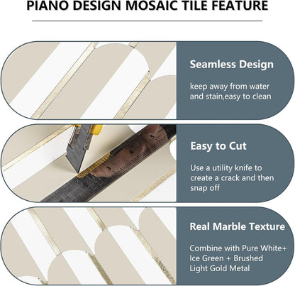 Vamos Peel and Stick Backsplash Seamless Tile for Kitchen and Bathroom,White and Beige Slate PVC Mixed Light Gold Self Adhesive Fish Scale Metal Mosaic Tiles (10 Sheets)