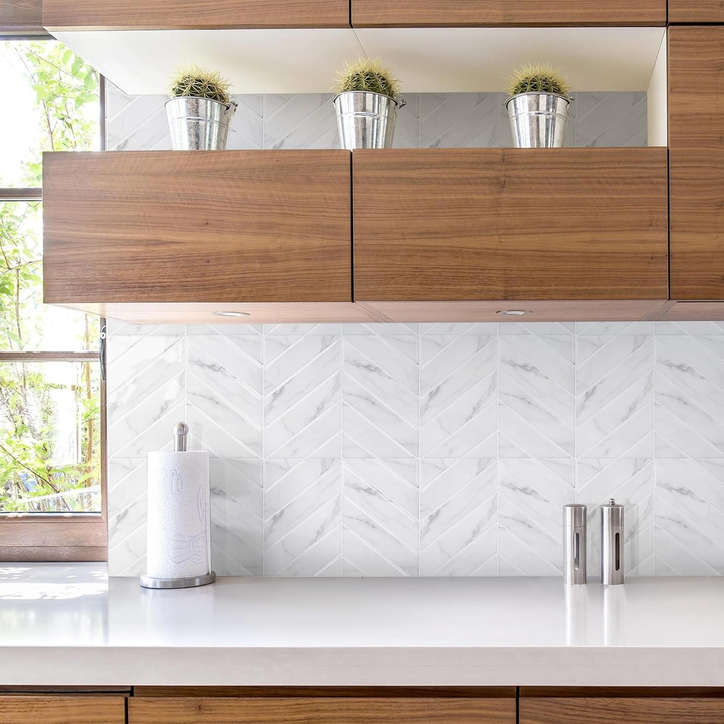 STICKGOO 10 Sheets Thicker Herringbone Peel and Stick Backsplash, 12.6”×9.7” Stick on Wall Tiles, Self Adhesive Tile Sticker for Kitchen Backsplash and Bathroom, White with Grey Grout