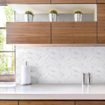 STICKGOO 10 Sheets Thicker Herringbone Peel and Stick Backsplash, 12.6”×9.7” Stick on Wall Tiles, Self Adhesive Tile Sticker for Kitchen Backsplash and Bathroom, White with Grey Grout