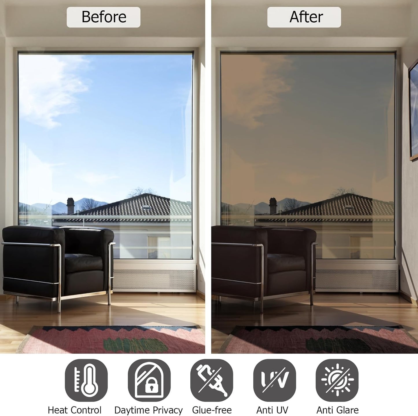 HIDBEA Frosted Window Privacy Film - Non Adhesive Static Cling Glass Stickers Sun UV Blocking Heat Control Door Covering Decals for Home Office, 23.6 x 78.7 Inch