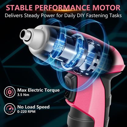 JENABOM Pink 3.6V USB Cordless Electric Screwdriver & Household Tool Kit | Power Screwdriver and Hand Tools in a Compact Box Case for Small Repair and Maintenance- Ideal Housewarming Gift, 112Pcs