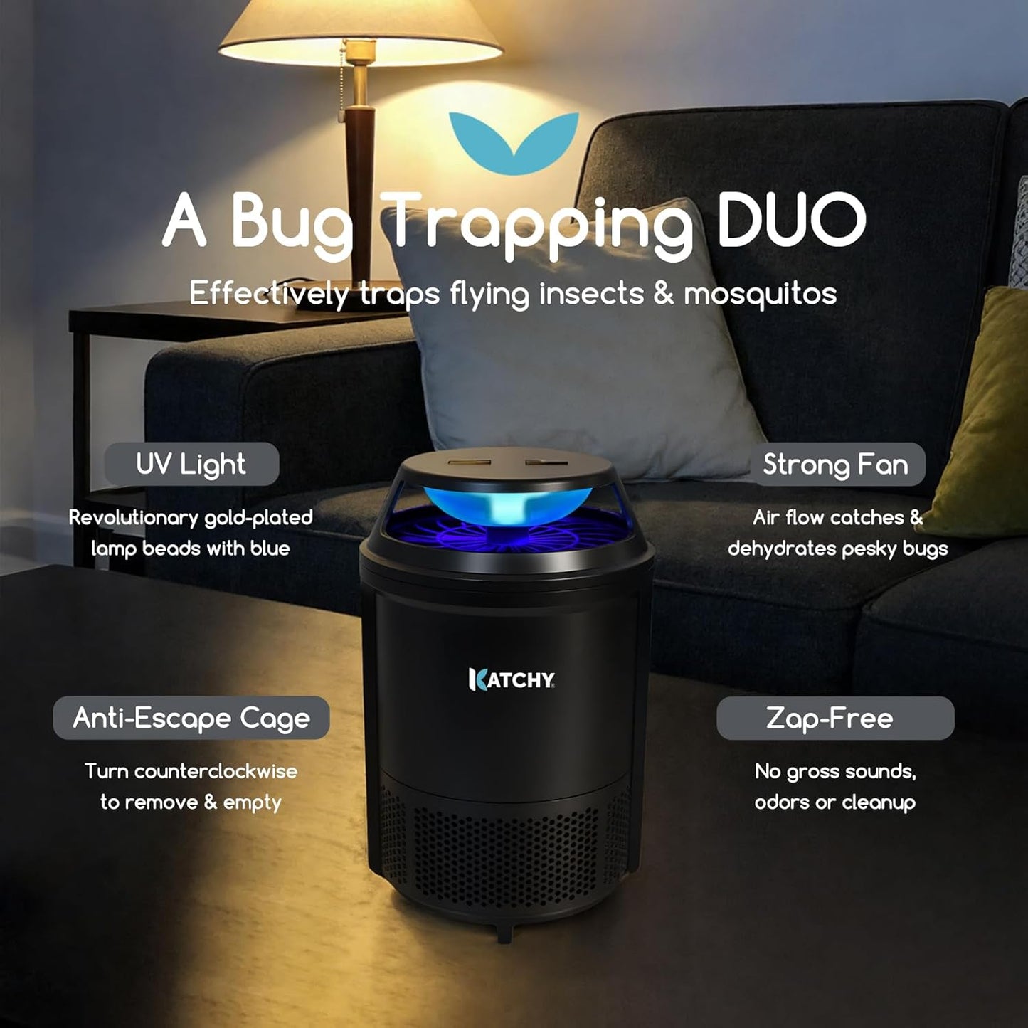 Katchy Flying Insect Trap Indoor – Catcher & Killer for Mosquito, Fruit Fly, Gnat & Small Moth – Non-Zapper with Suction & Blue Light – Ideal for Indoor Spaces, Kitchen & Plants (Original, Black)