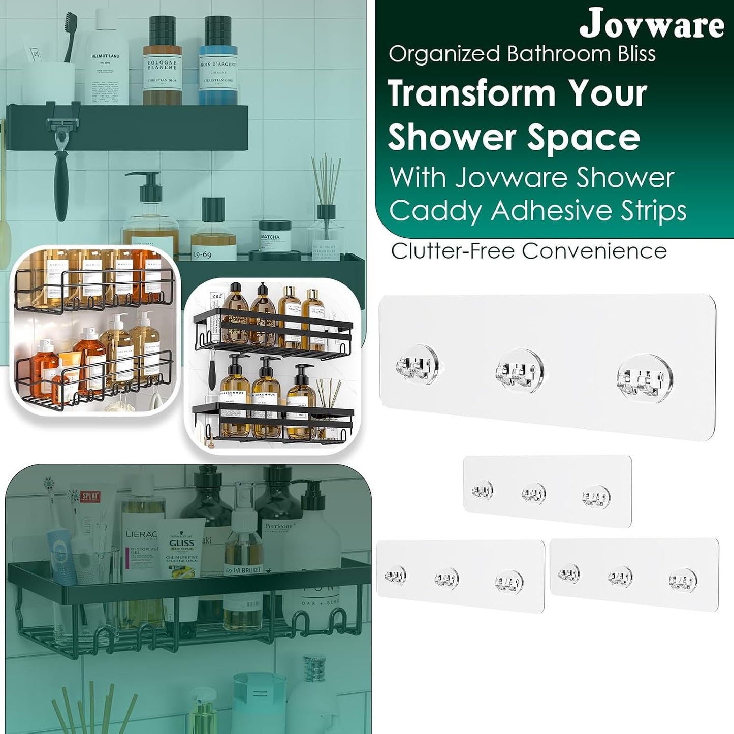 Shower Caddy Adhesive Replacement Stickers Sticker Shelf Basket Strips Suction Hooks Large Strong Hook for Bathroom Storage Corner Transparent Shelves Wall Mount (Transparent - 2 Packs)
