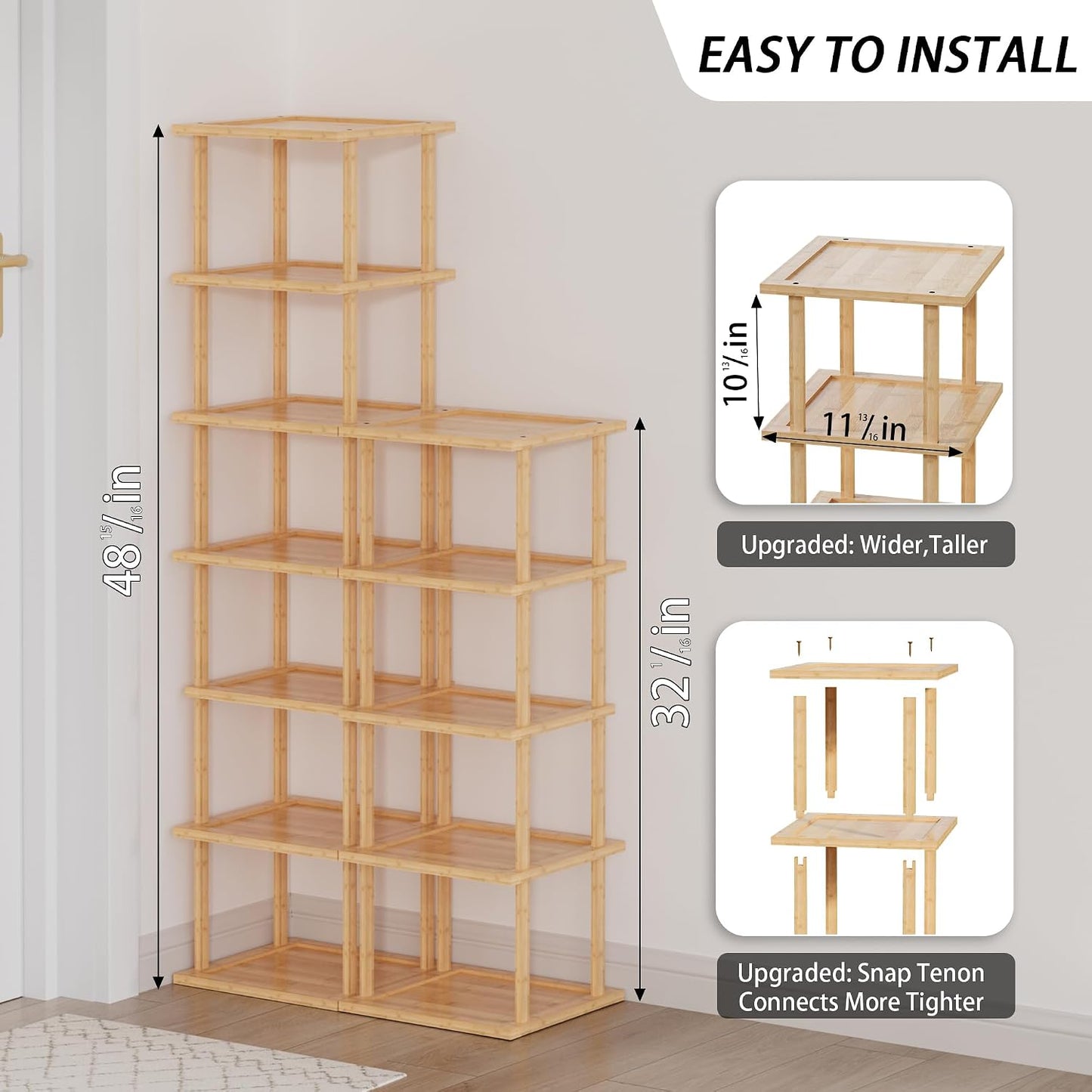 Vertical Tall Shoe Rack Organizer for Entryway -7 Tier Free Standing Slim Narrow Bamboo Wood Corner Stackable Shoe Boots Storage Stand Small Spaces for Closet Garage Cloakroom Living Room (Black)