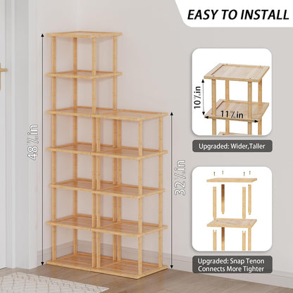 Vertical Tall Shoe Rack Organizer for Entryway -7 Tier Free Standing Slim Narrow Bamboo Wood Corner Stackable Shoe Boots Storage Stand Small Spaces for Closet Garage Cloakroom Living Room (Black)