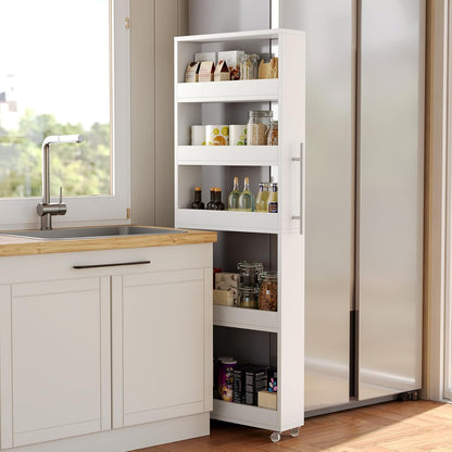 LITTLE TREE 63-Inch Slim Storage Cart on Wheels, 5-Tier Tall Narrow Mobile Shelf Organizer, Rolling Utility Cart with Metal Handle for Kitchen, Dining Room, Small Spaces, White