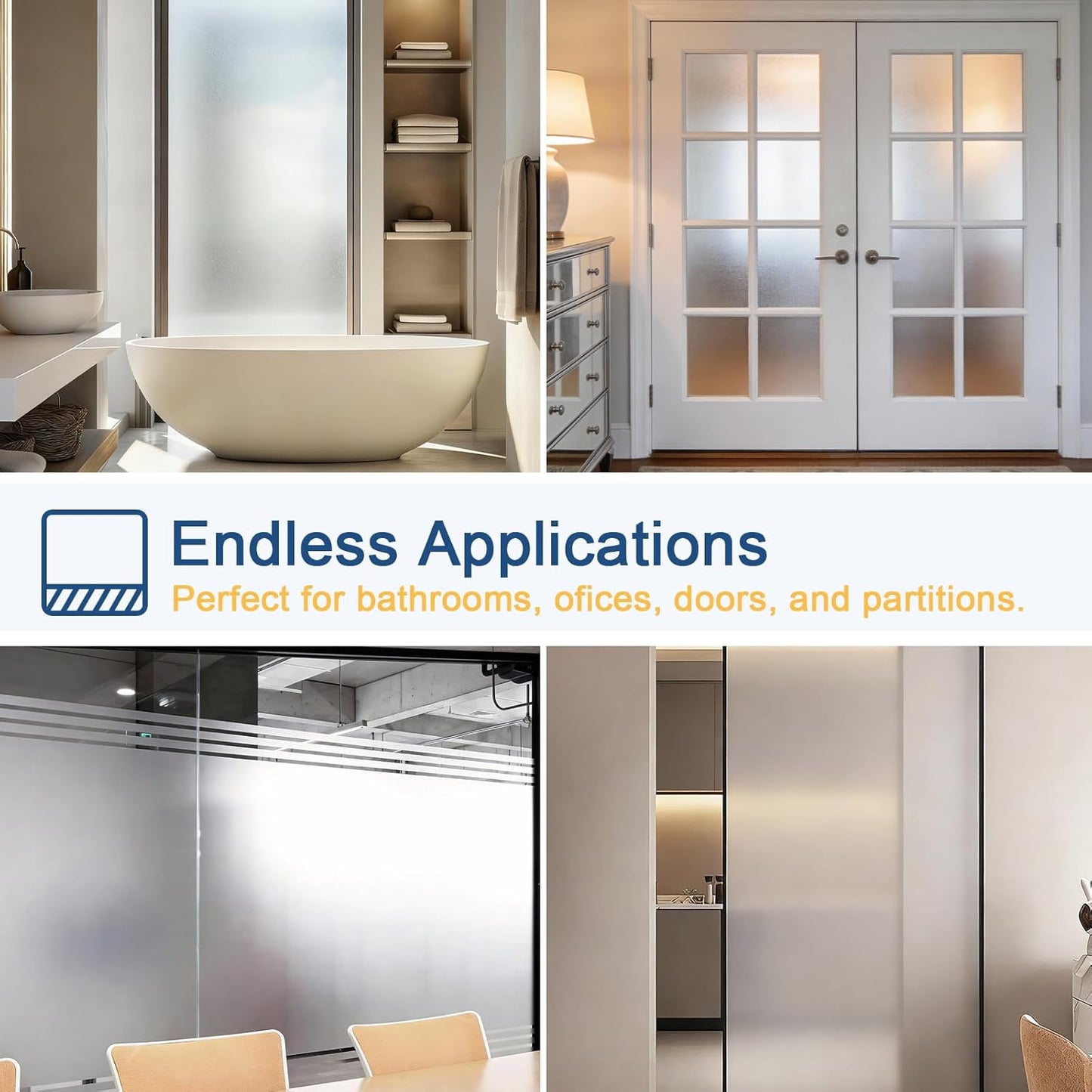 Timeet Window Privacy Film, Frosted Glass Window Clings, Static Cling Heat UV Blocking Anti-Glare Frosting Stickers, Decorative Bathroom Door Coverings Day and Night, 17.5 x 78.7 Inch, Pure