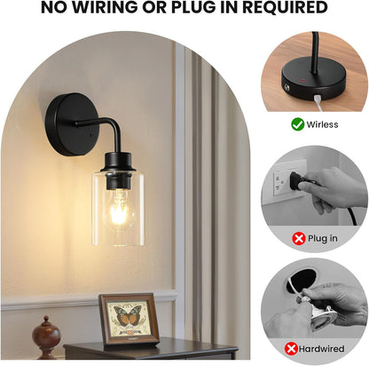 Epinl Battery Operated Black Wall Sconce Set of 2, Wireless Rechargeable Wall Lights with Remote Control, Modern Dimmable Wall Mount Lamps for Bedroom Living Room Bathroom, 3000K