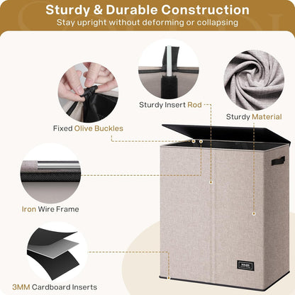 SOLEDI Luxury Double Laundry Hamper with Lid and Removable Bags, 38.3 Gal Large Laundry Bin, Laundry Basket 2 Sections, Collapsible Clothes Hamper for Bedroom, Laundry Room, Bathroom, Off-white