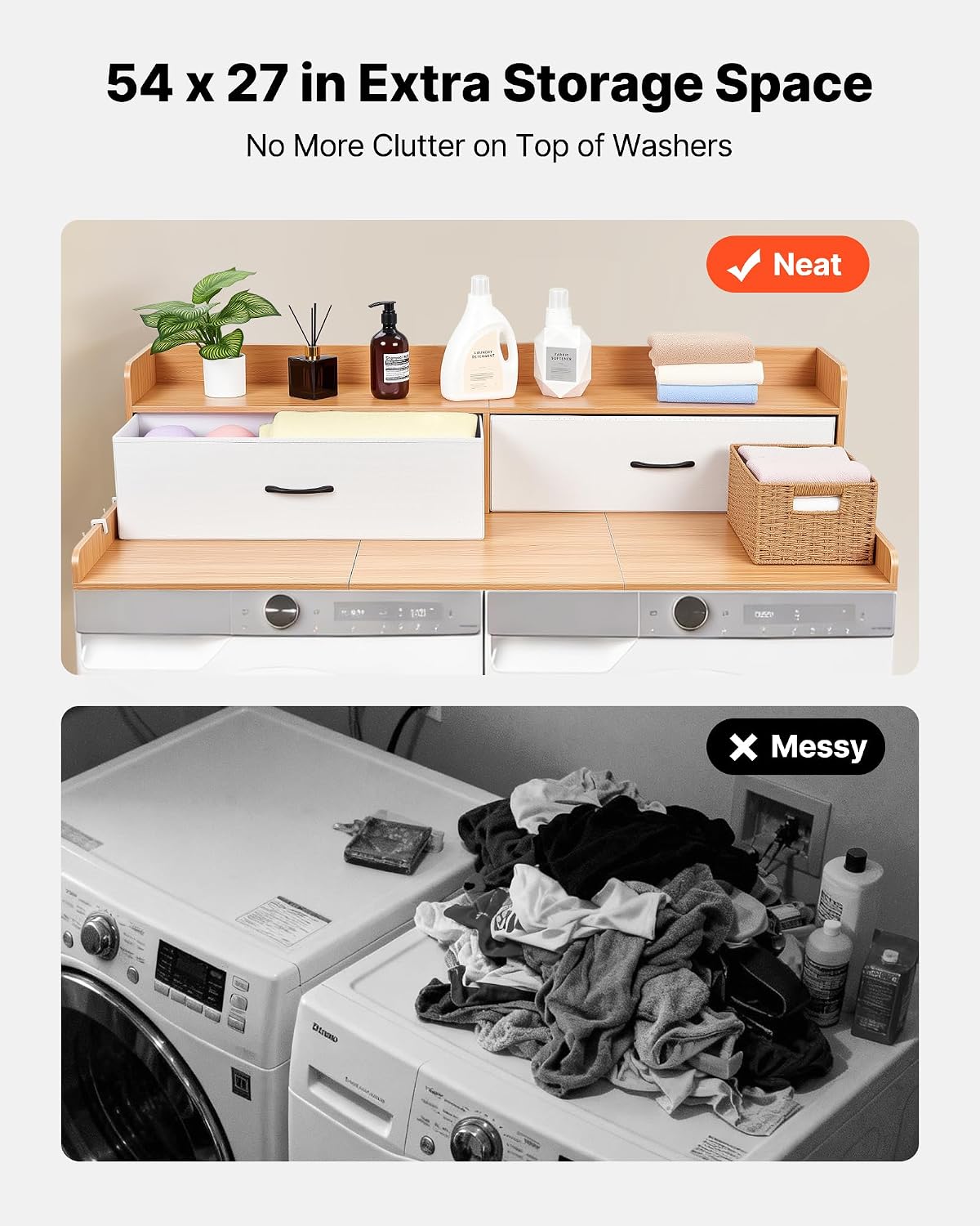 VEVOR Washer Dryer Countertop with 2-Tier Shelf, 54" x 27" Wooden Washer and Dryer Countertop with Anti-Slip Pads, Water-Resistant Laundry Topper Cover for Laundry Room Organization and Storage, Black