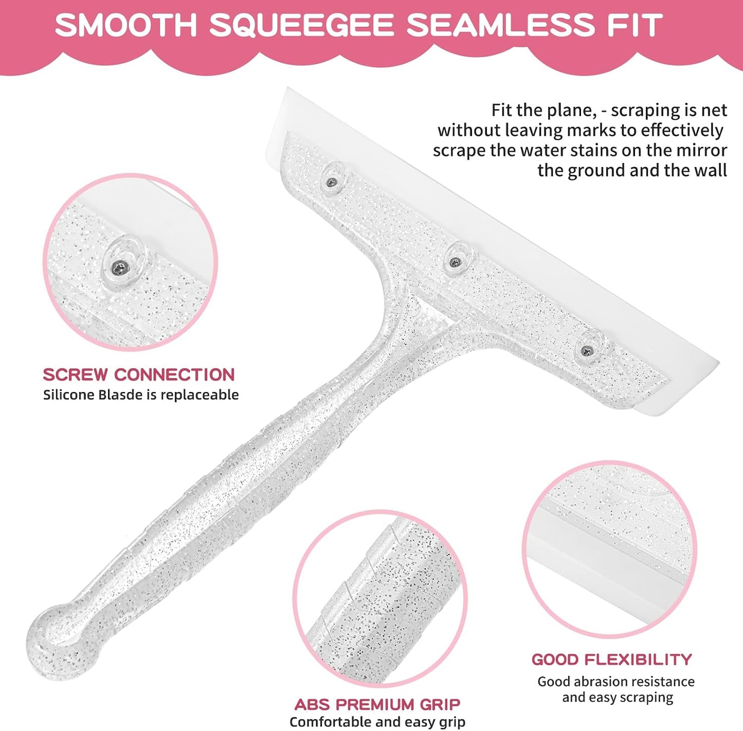 5" Silicone Shower Squeegee for Glass Doors & Car Windows - Small & Mini Size Streak-Free Cleaner, Bathroom, Mirror, Tile Scraper - Compact Pink with Hanging Hole, Kitchen Safe Water Blade