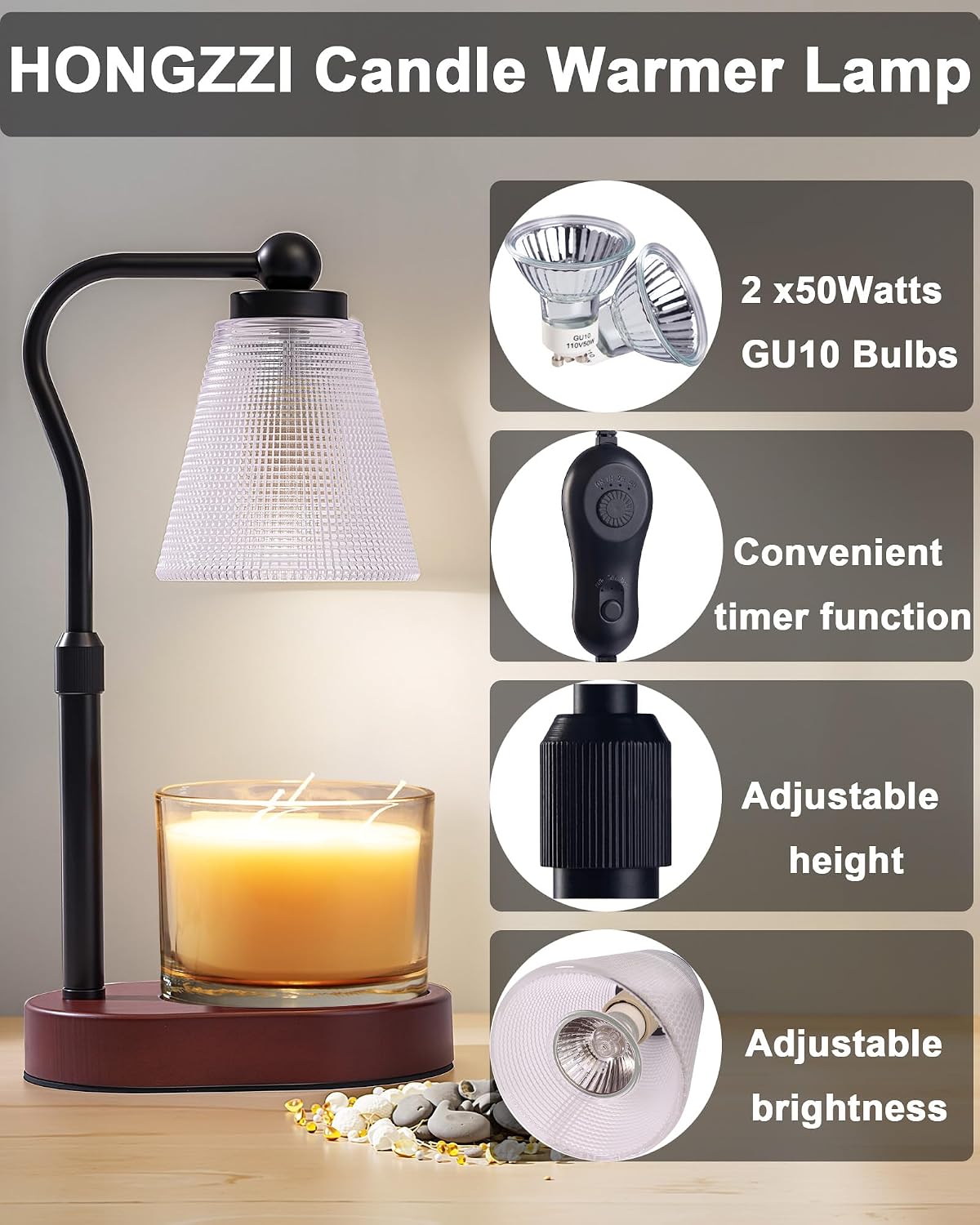 Candle Warmer Lamp with Timer - Adjustable Height & Brightness - Wood Base Glass Shade - 2 Bulbs Included(Square Gold)
