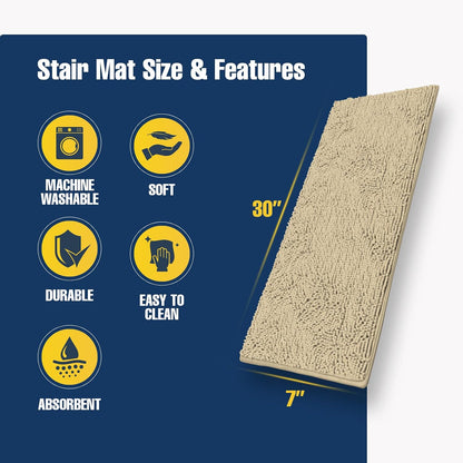 Muddy Mat® Pack of 4 - Soft Chenille Stair Treads Non-Slip Reusable, Super Absorbent Stair Treads for Wooden Steps, Tile & Marble Floor, Easy to Install & Machine Washable - Brown 30'' x 7''