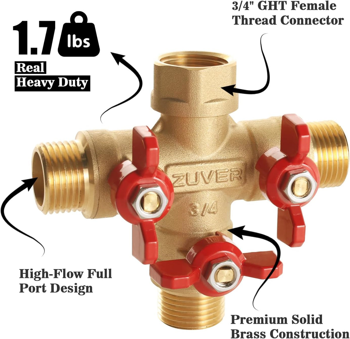Garden Hose Splitter 2-Way Heavy Duty Solid Brass Y Valve with Stainless Steel Long Handle, 3/4" GHT Thread Full Flow Water Diverter, Outdoor Faucet Connector for Lawn, Irrigation & Washing