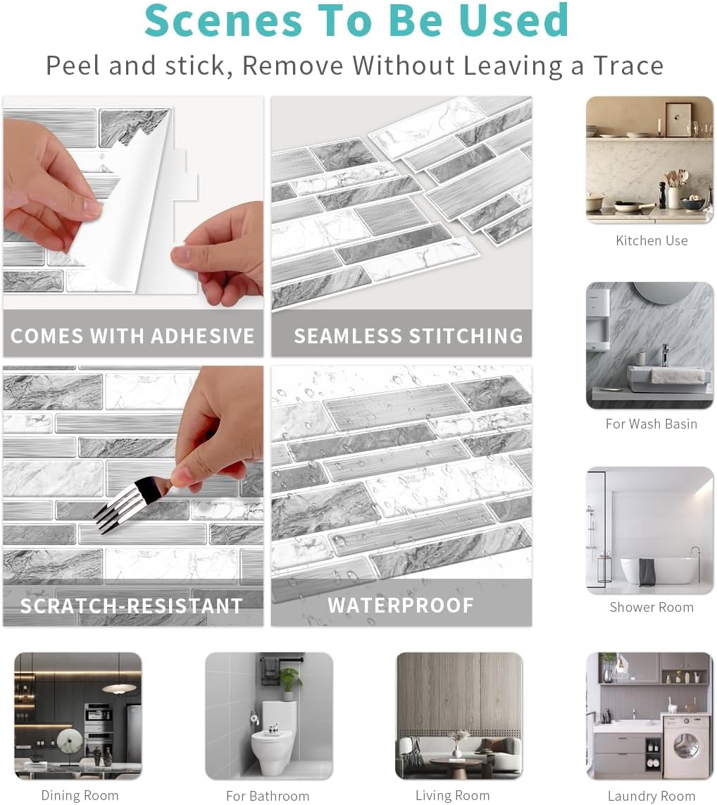 36 Sheets of Self Adhesive Marble Tile Wall Tiles Vinyl Sticker | 9.68 x 4.72in Water Resistant, Easy to Stick and Peel off, Suitable for DIY Decoration on Ceilings and Walls (Black)