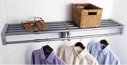 EZ SHELF- Closet Shelf with Hanging Rod, Expands 40.5-73", White, Closet Shelves Hold 200 lbs, Easy Install Closet Organizer to 2 Side Walls, Alternate for Closet Wire Shelving & Laundry Room Shelves