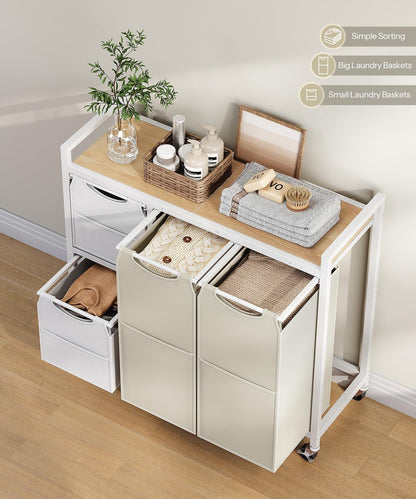 HOOBRO Laundry Sorter with 4 Section, 34 Gal. (127 L) Laundry Hamper with Wheels, Rolling Laundry Basket with Shelves, Pull-Out Detachable Bags, Side Pockets, White, Natural and Beige WNE14XY01N1