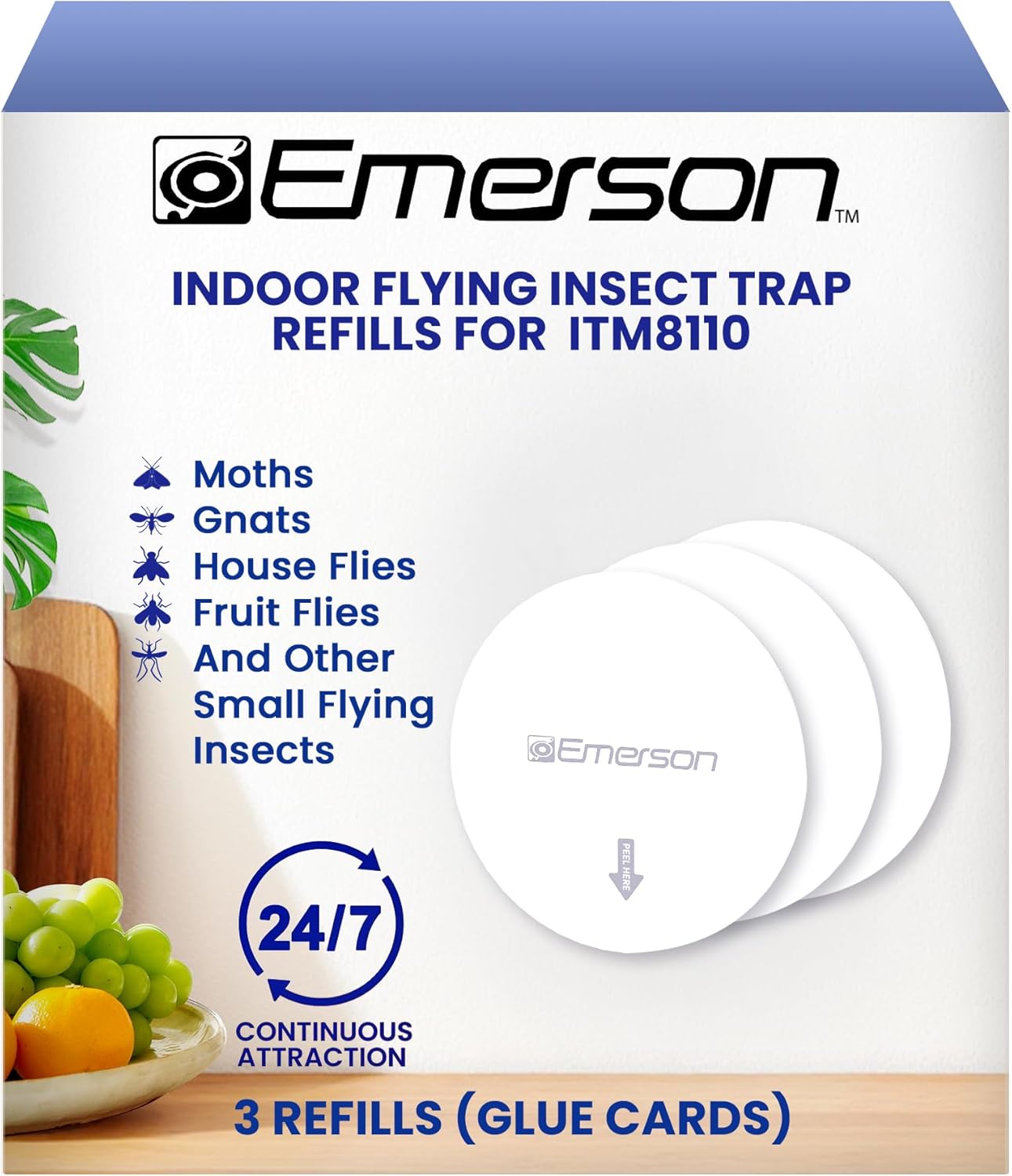 Emerson ITM8110 Indoor Portable Flying Bug Catcher with UV LED light & Fan Suction, 24/7 Mess Free Alternative for Catching Flies, Fruit Flies, Moths, Gnats & More - Includes 3 Replacement Glue Boards