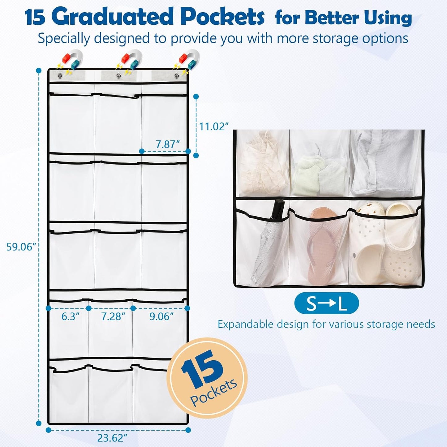 Over The Door Cruise Ship Organizer - Cruise Ship Magnetic Door Organizer with 15 Size-Graded Pockets, Hanging Magnetic Cruise Storage Shoe Rack for Cabin, 2026 Cruise Essential, 9 Hooks(White)