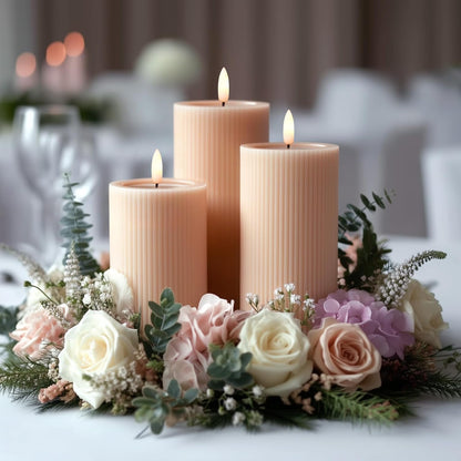 Fluted Ribbed LED Pillar Candles, Cream Beige, with Reflective Melted-Wax Effect – Flickering Flame, Remote, Dimmable, Flameless, Battery Operated, Home & Wedding Decor (Set of 3)