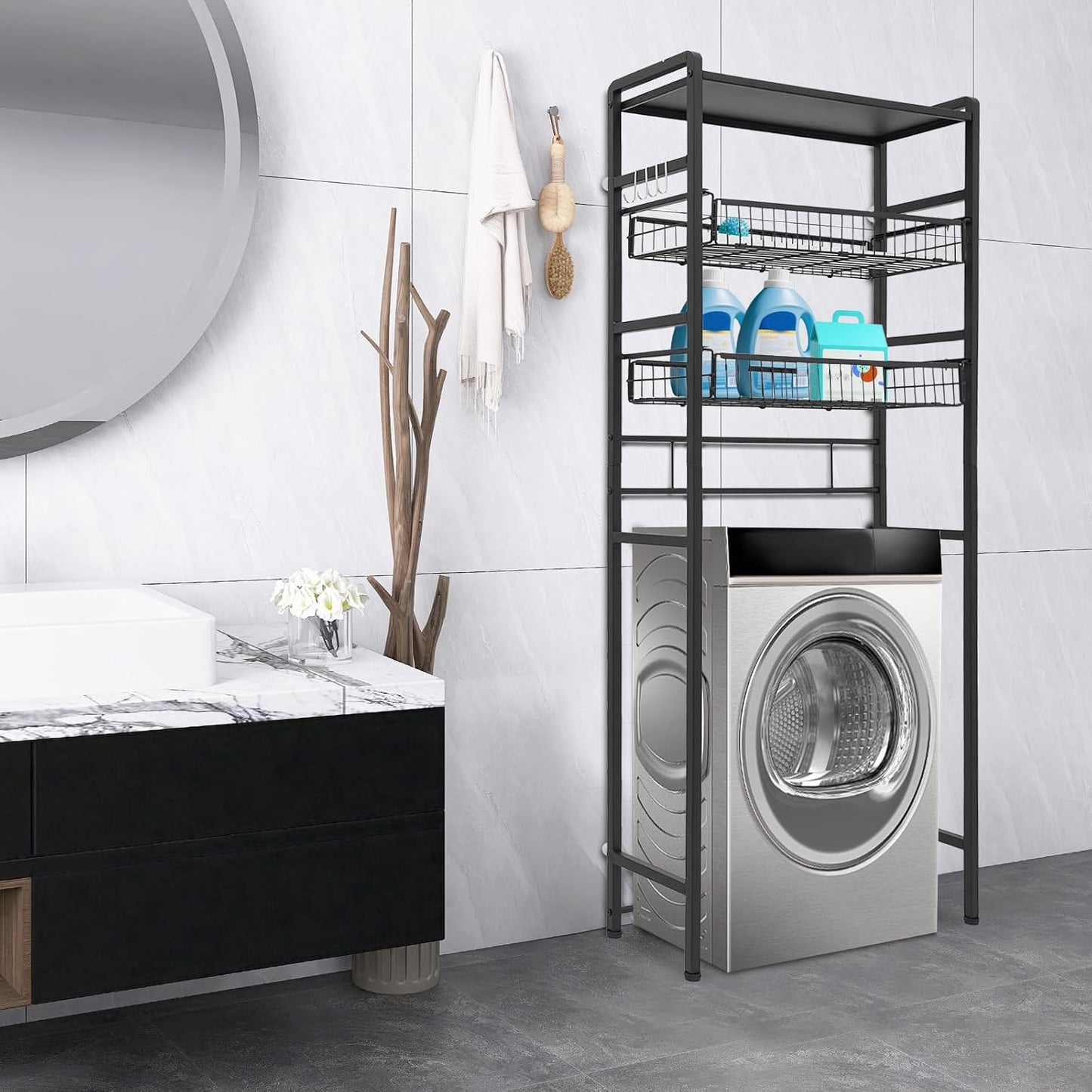 Over The Washer and Dryer Storage Shelf, 3 Tiers Laundry Room Organization and Storage Standing Shelf Washing Machine Storage Cabinet, Laundry Room Shelf with Hooks Space Saver