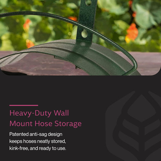 Yard Butler Heavy Duty Wall-Mounted Hose Hanger - Garden Hose Holder for Convenient Organization - Holds up to 125 Feet - Powder Coated Steel - Heavy Duty Bracing - Classic Design, Green