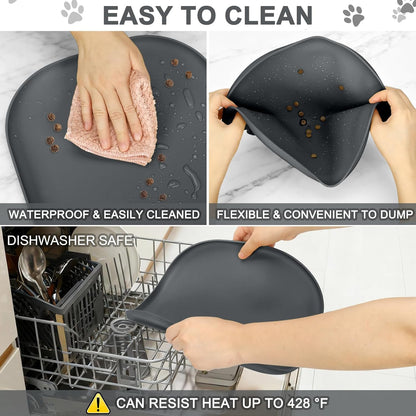 SMILOOL Silicone Pet Food Mat with Raised Edge for Food and Water Bowl, Dog Feeding Mats, Cat Food Trays for Floor Waterproof, Rubber Tray for Dogs and Cats, 19 x 12 x 0.7 Black